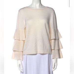 Alice + Olivia Cream Scoop Neck Sweater With Ruffled Sleeves Size Small